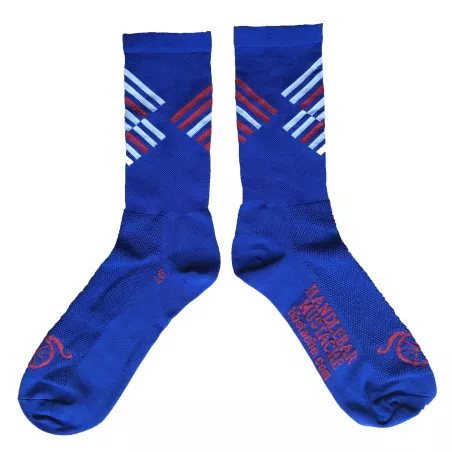 Chaussettes DeFeet Handlebar Mustache offset bleu blanc rouge