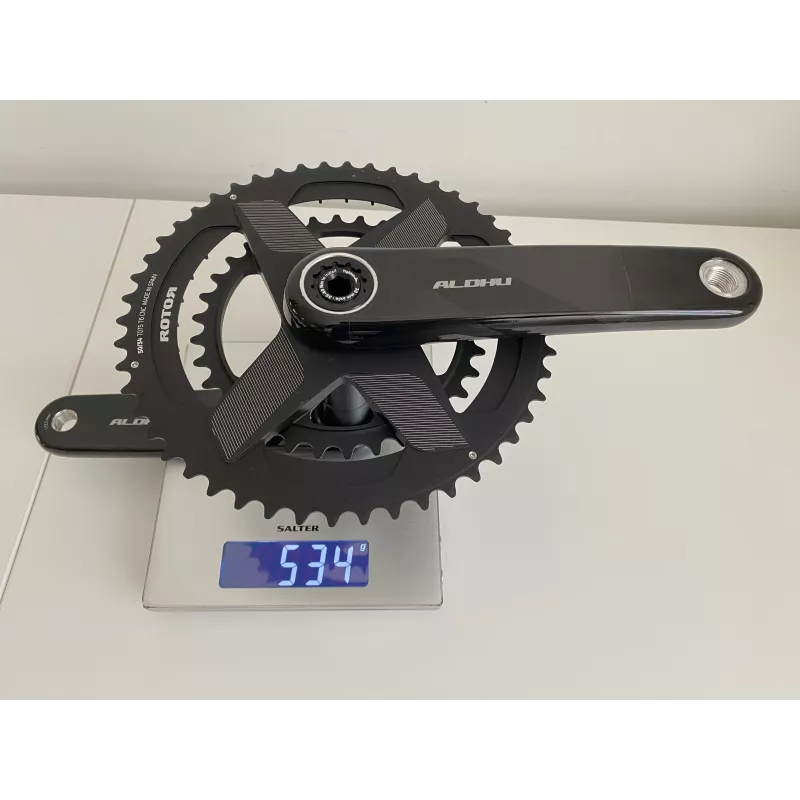 Le pédalier Rotor Aldhu Carbon version spidering pèse 534g en 172,5mm et plateaux ronds 50/34