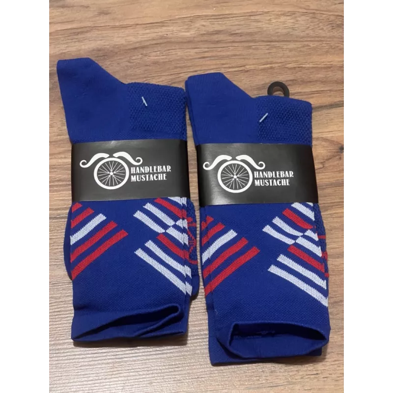 Chaussettes DeFeet Handlebar Mustache offset bleu blanc rouge