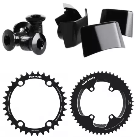 Kit comprenant 1 grand plateau, 1 petit plateau et des caches à choisir selon la version de votre pédalier Ultegra ou Dura Ace 1