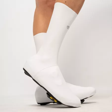 Side view of Spatzwear AquaSokz Long white oversocks, tall smooth finish for aero performance optimization.