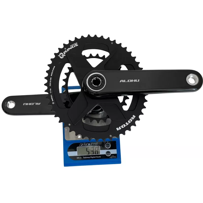 Photo réelle du pédalier Rotor Aldhu 48/31 Q-Rings – vue pesée sur balance 538g