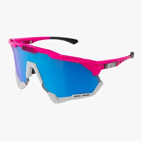 Vue de face des lunettes de cyclisme SCICON Aeroshade XL Pink Fluo avec jeu de verres Multimirror Blue