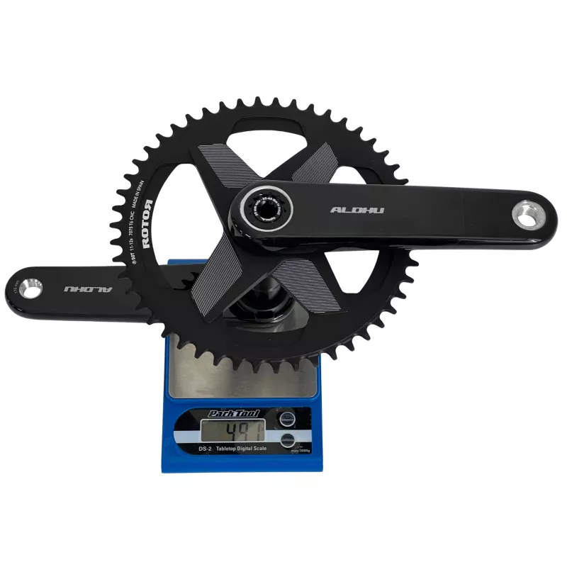 Poids vérifié 491 g du Rotor Aldhu Carbon 1x avec plateau 50 dents sur balance Park Tool