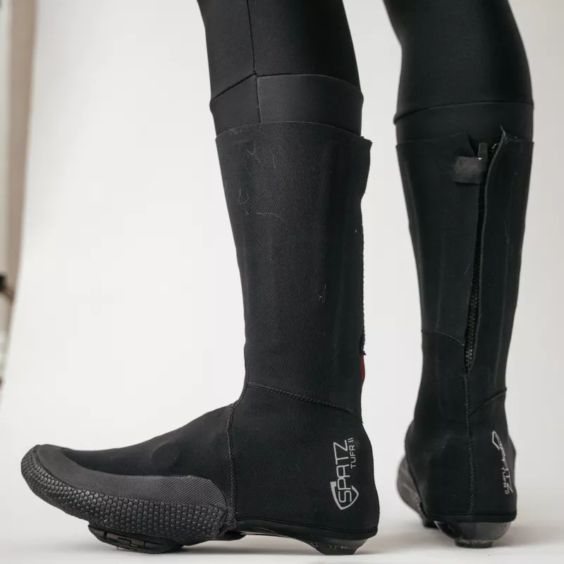 Side view of Spatzwear TUFR2 overshoes, tall cut with rear zipper closure.