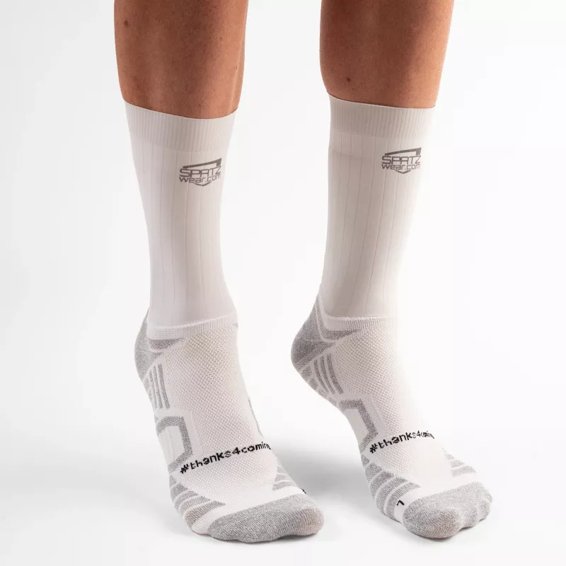Aero Sokz white cycling socks – front view with #thanks4coming print