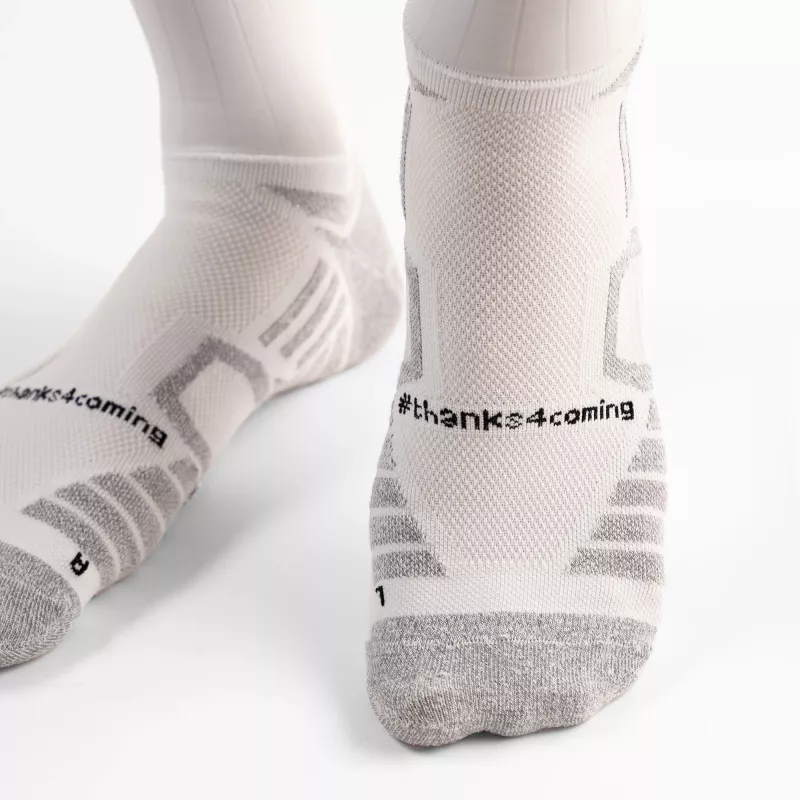 Detail of Aero Sokz white socks – reinforced sole and #thanks4coming print