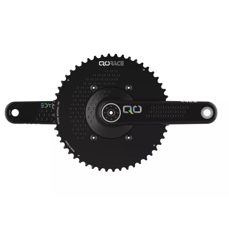QO RACE carbon crankset in black, dual 52/36 setup, built for stiffness and aerodynamic efficiency.