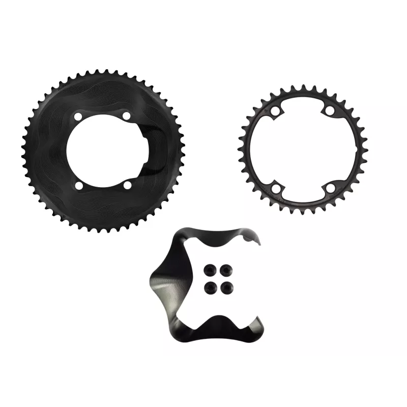 Complete Alugear Shimano 12-speed kit – large chainring, small chainring, aero cover and CNC-machined 7075-T6 bolts.