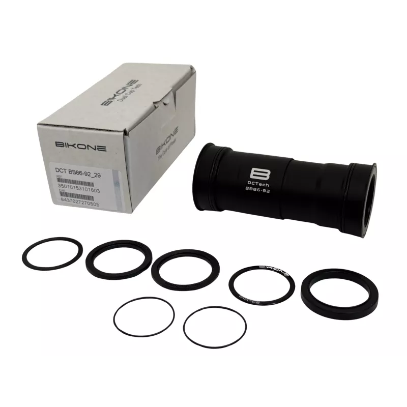 Contenu du kit boîtier de pédalier Bikone BB86-92 DUB acier avec entretoises, joints et boîte d’origine