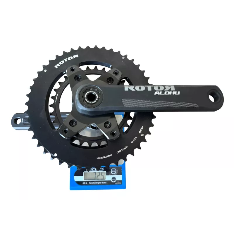 Pédalier Aldhu Gravel 24mm avec plateaux 46/30 ronds pesé 725g sur notre balance