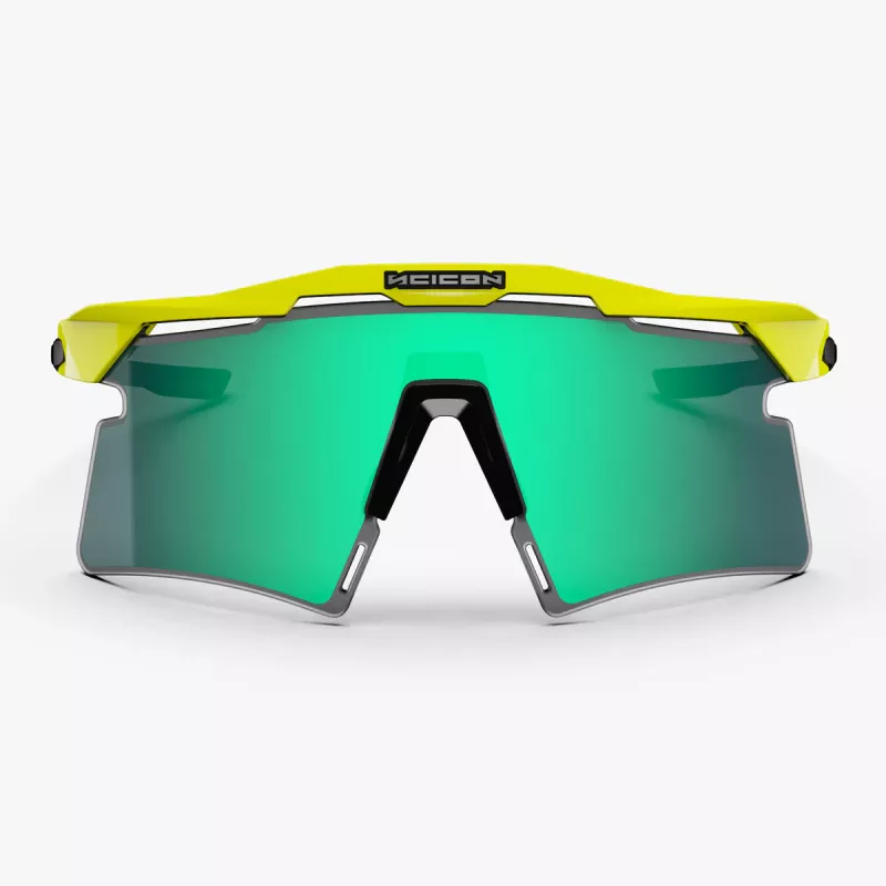 Vue de face des lunettes SCICON Aeroshade 2.0 Titanium Yellow Fluo à écran vert miroir
