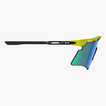 Détail de la monture jaune fluo et de l’écran Multimirror Green SCICON