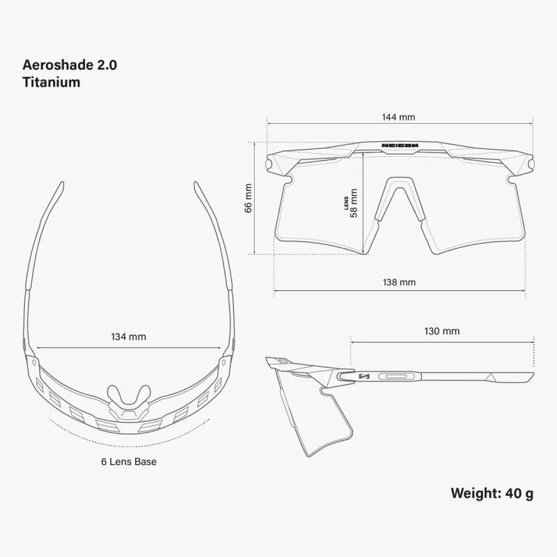 Dimensions des lunettes SCICON Aeroshade 2.0 Titanium : largeur 144 mm et poids 40 g