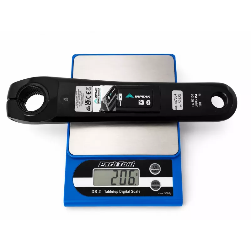Left Inpeak powercank-E 170mm on digital scale at 206g