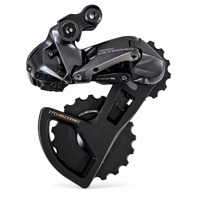 photo très haute définition d'un dérailleur shimano R8150 monté avec une chape CyclingCeramic pro
