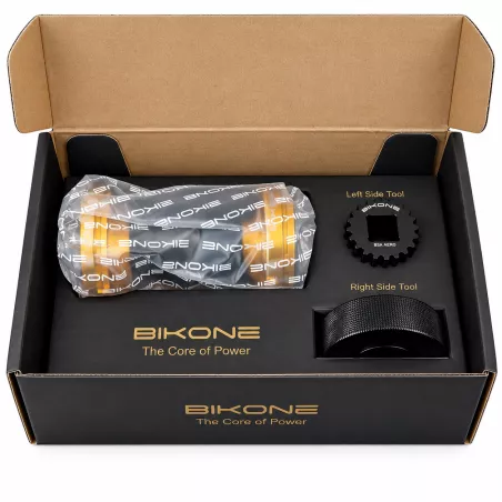 Coffret ouvert du boîtier de pédalier Bikone avec boîtier, emballage de protection et outils de montage inclus