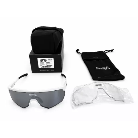 contenu des scicon aerowing: lunettes, verres gris + verres transparents, pochette, sac de rangement
