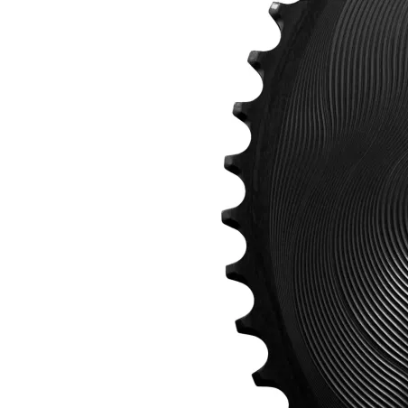 Close-up of teeth and CNC machining on black ALUGEAR AERO Shimano 12-speed chainring