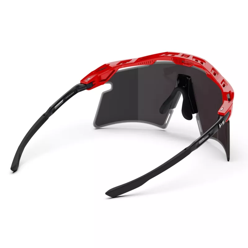 Rear view of red SCICON Aeroshade 2.0 Titanium cycling sunglasses, adjustable nosepiece and temples
