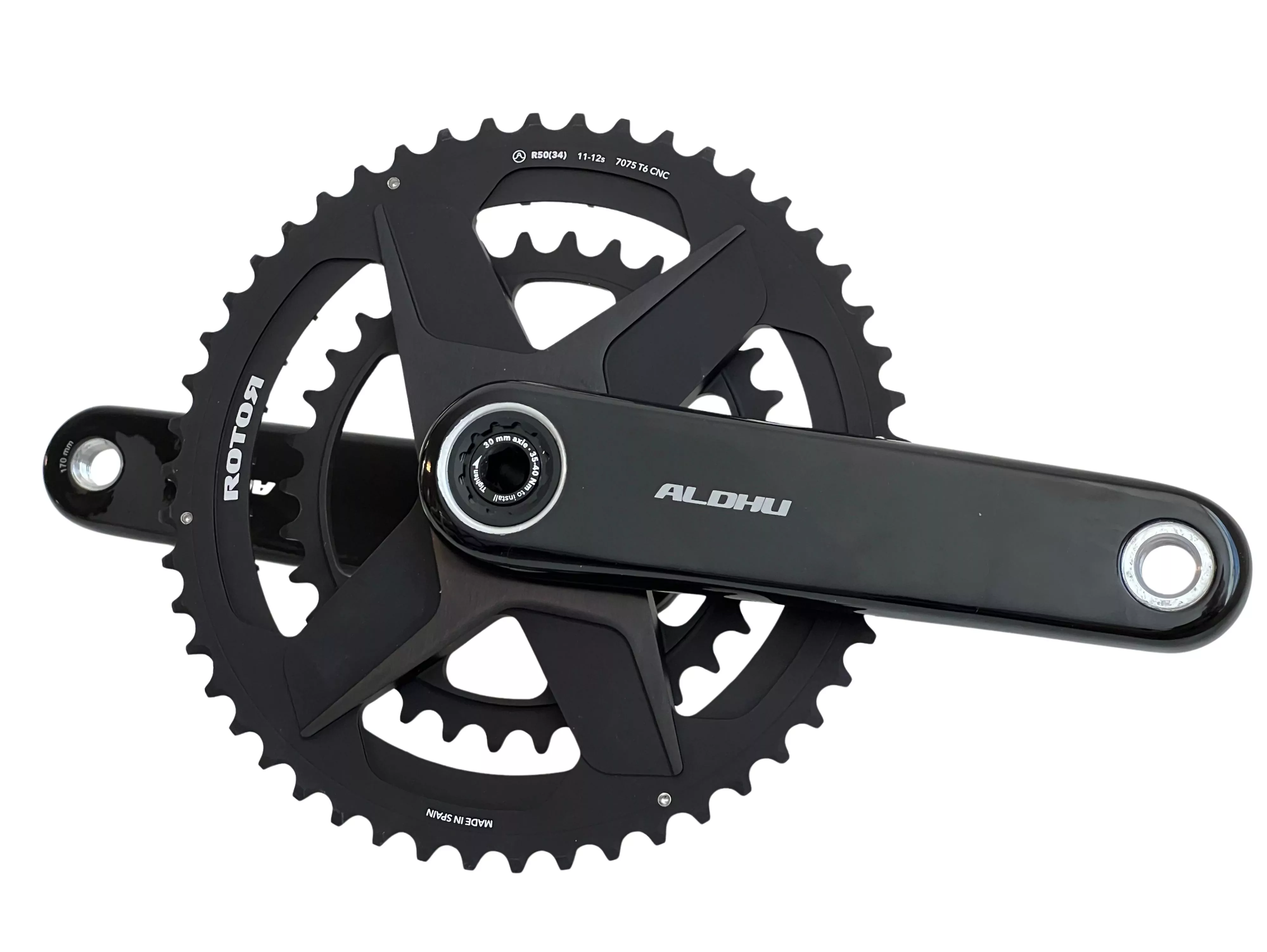 Zoom sur le pédalier Aldhu Carbon, à partir de 526g seulement ! Compatible Shimano 12v, modulaire et disponible de 155 à 175mm !