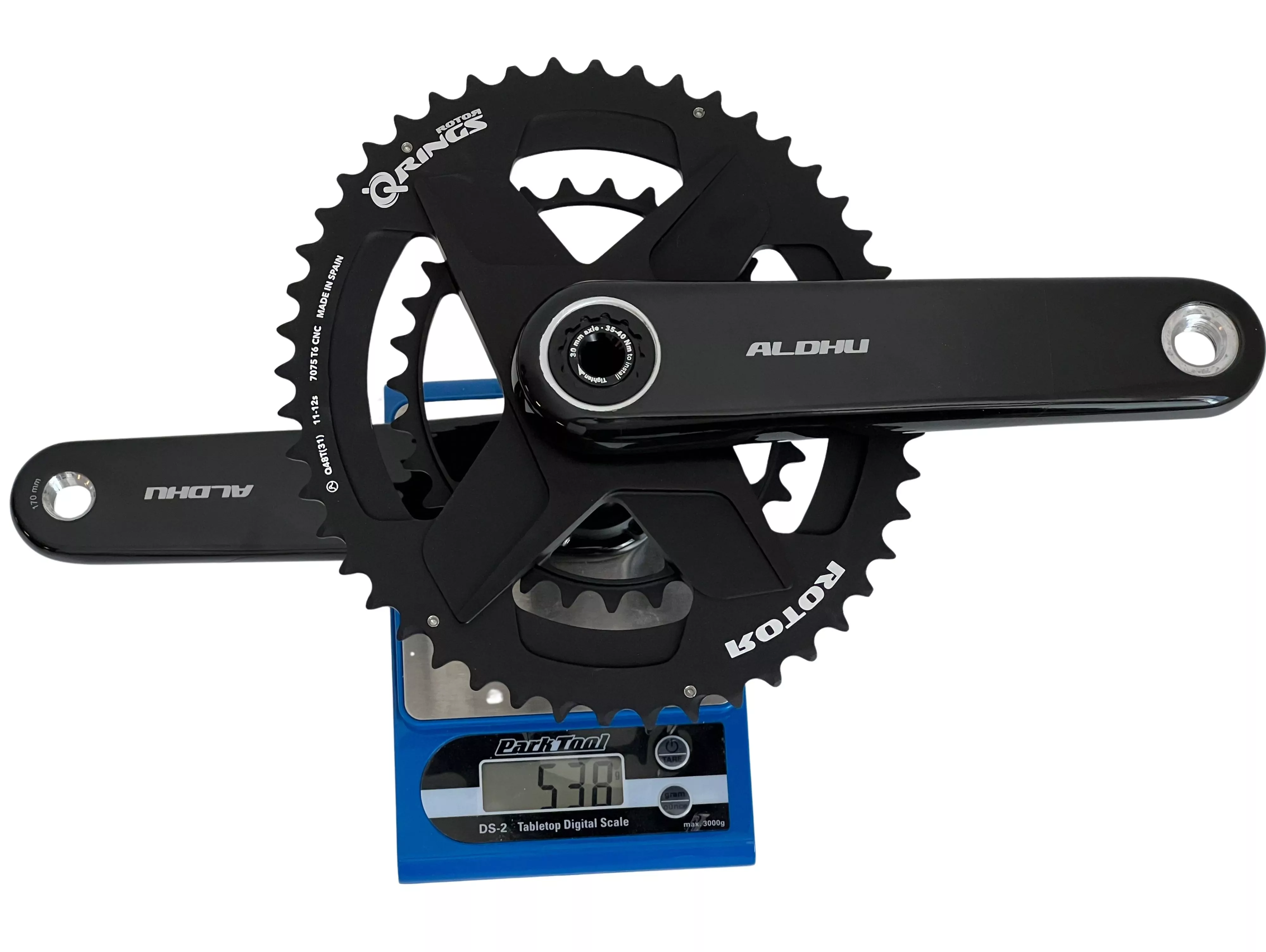 Pédalier Rotor Aldhu carbon DM 2025 sur la balance à seulement 538g en 48/31 Pédalier Rotor Aldhu carbon DM 2025 sur la balance à seulement 538g en 48/31