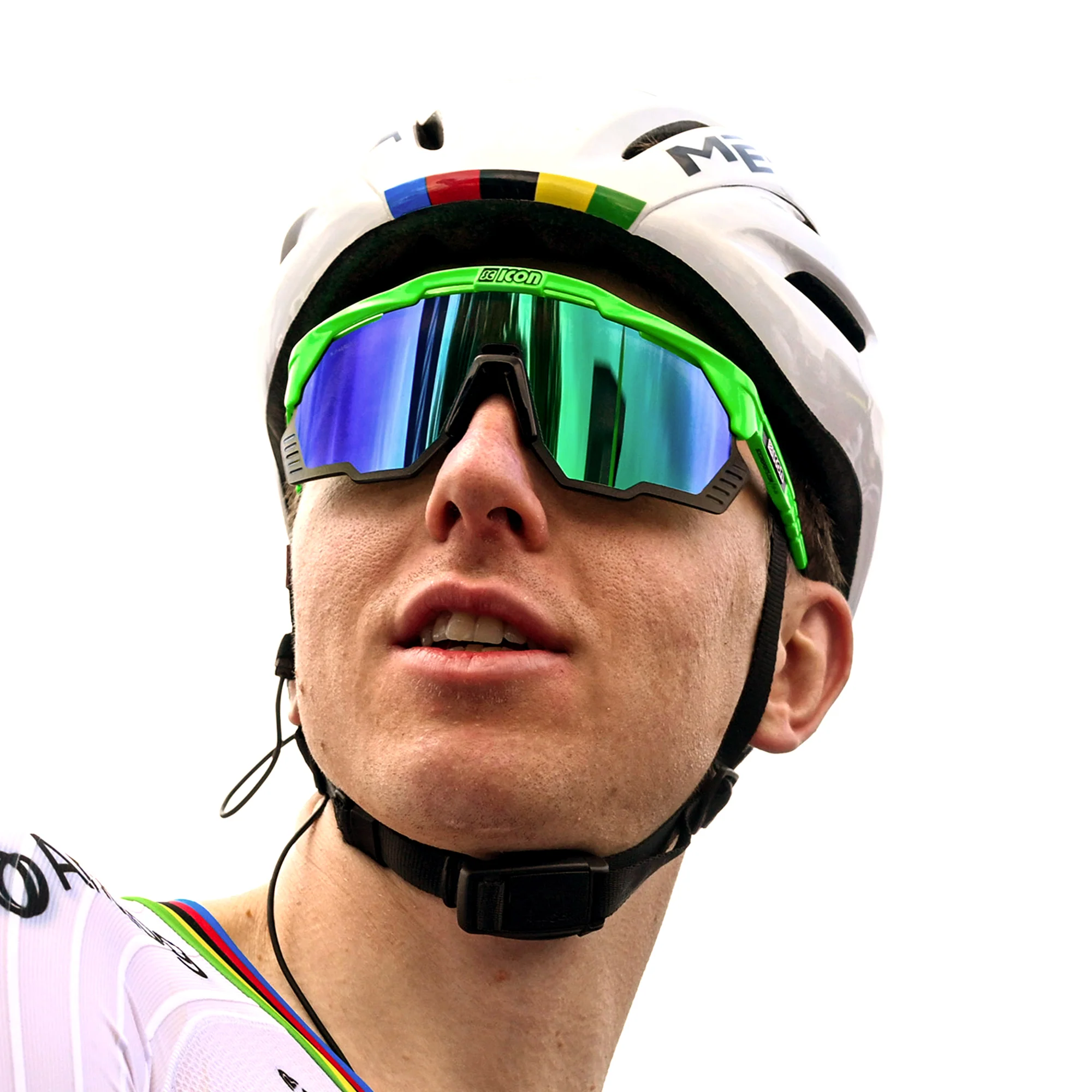 Scicon Aeroshade Kunken Green Fluo – Pogacar TDF 2025 Edition Tadej Pogačar wearing Scicon Aeroshade Kunken Green Fluo sunglasses – Tour de France 2025 edition