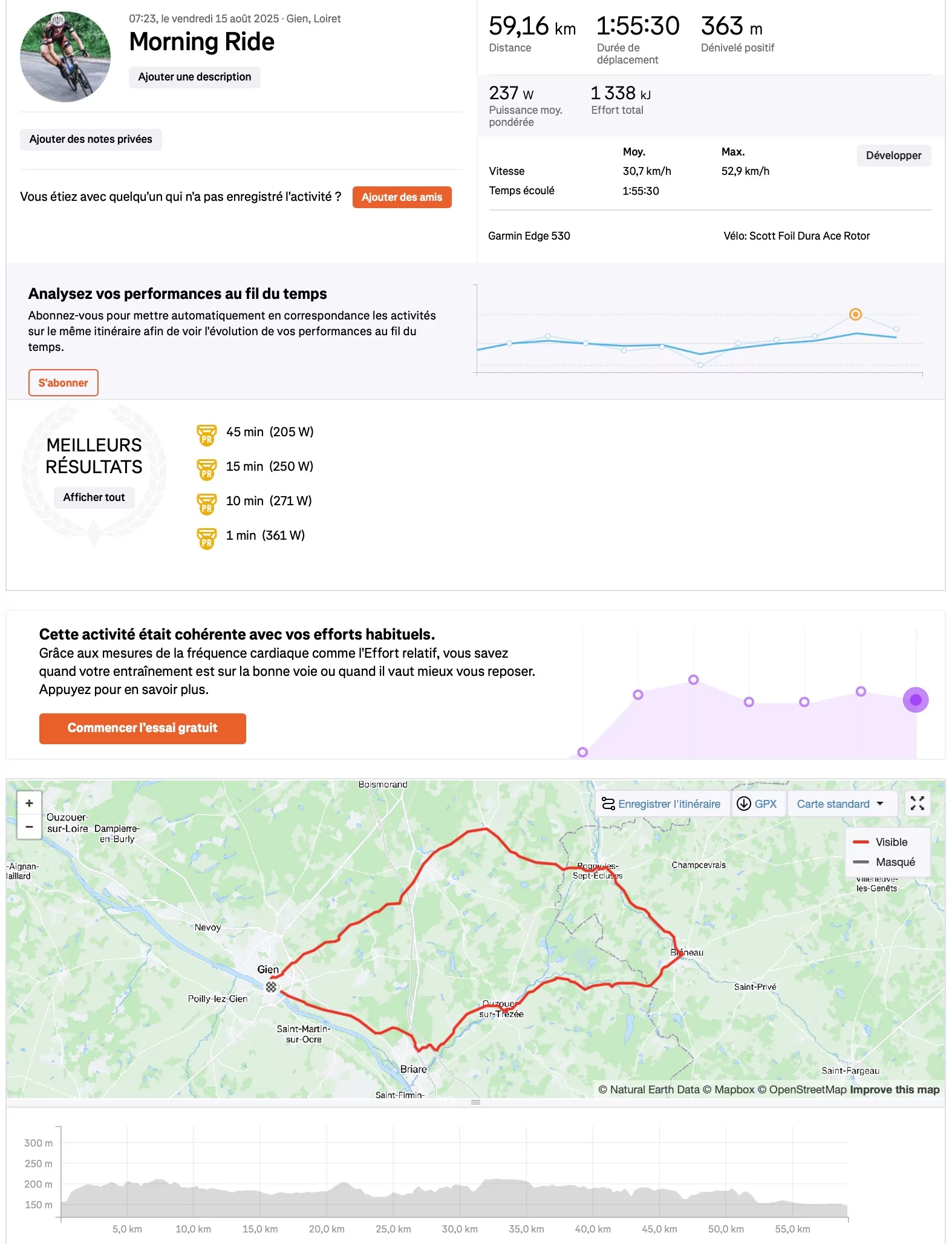 Capture Strava du parcours 59 km optimisé pour vent de nord-est (forêt à l’aller, vallées encaissées, retour exposé vent arrière)