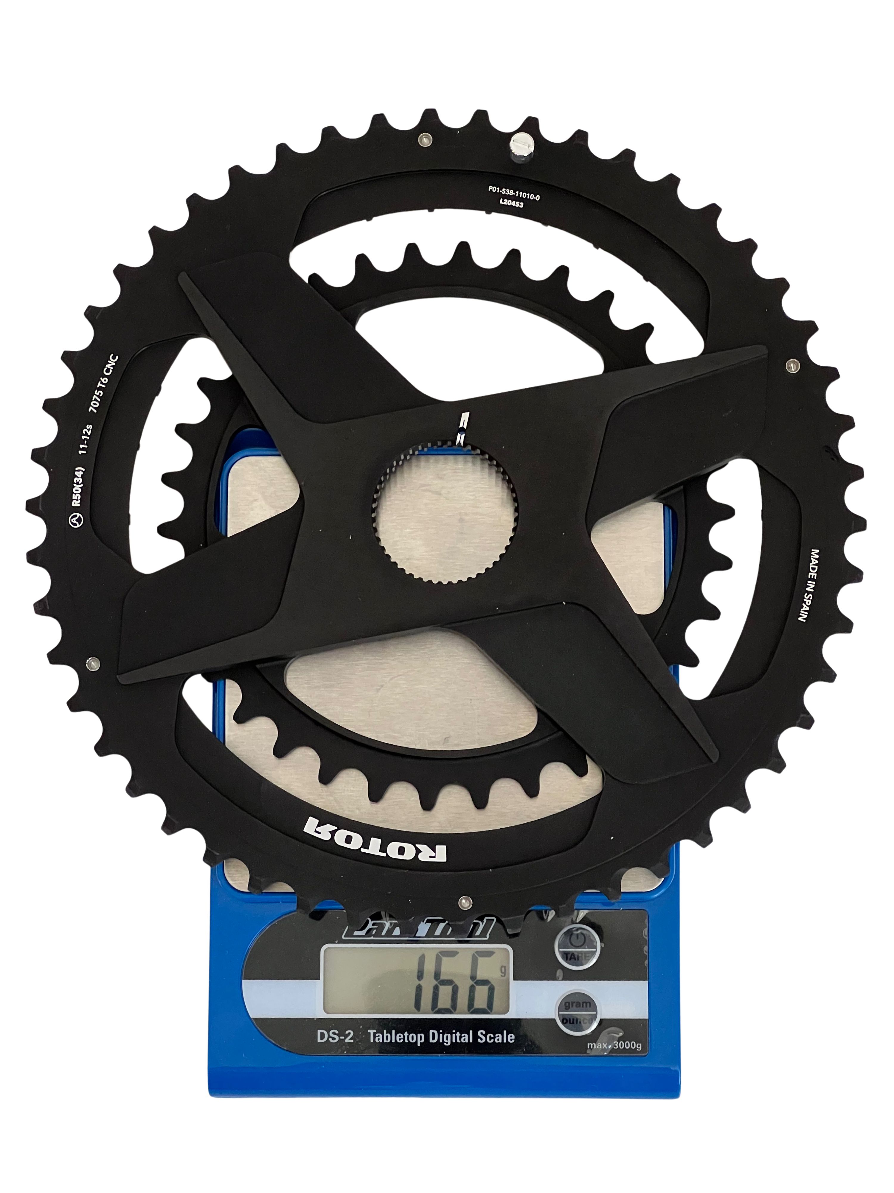 Spidering 50/34 NOQ 2025 pesé à 166g par velo-perso.com Plateaux Rotor 50/34 réf. C01-538-11010-0 montés sur étoile, poids vérifié 166 g – uniquement pour pédaliers Rotor axes 24/30 mm, compatibilité Shimano 11 et 12 vitesses