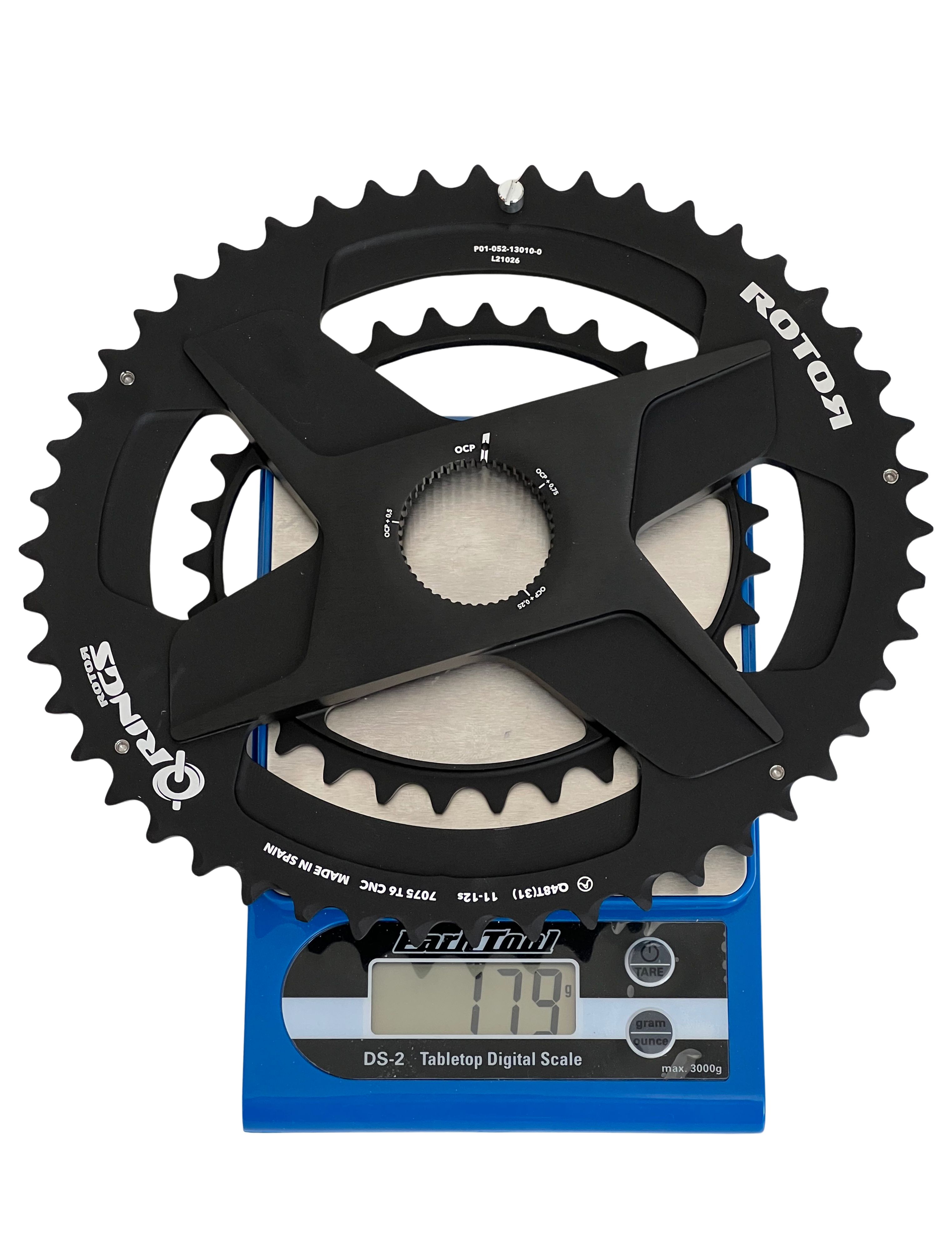 Spidering Qrings 48/31 DM sur balance à 179g, pesée par velo-perso.com Spidering Qrings 48/31 DM sur balance à 179g, pesée par velo-perso.com