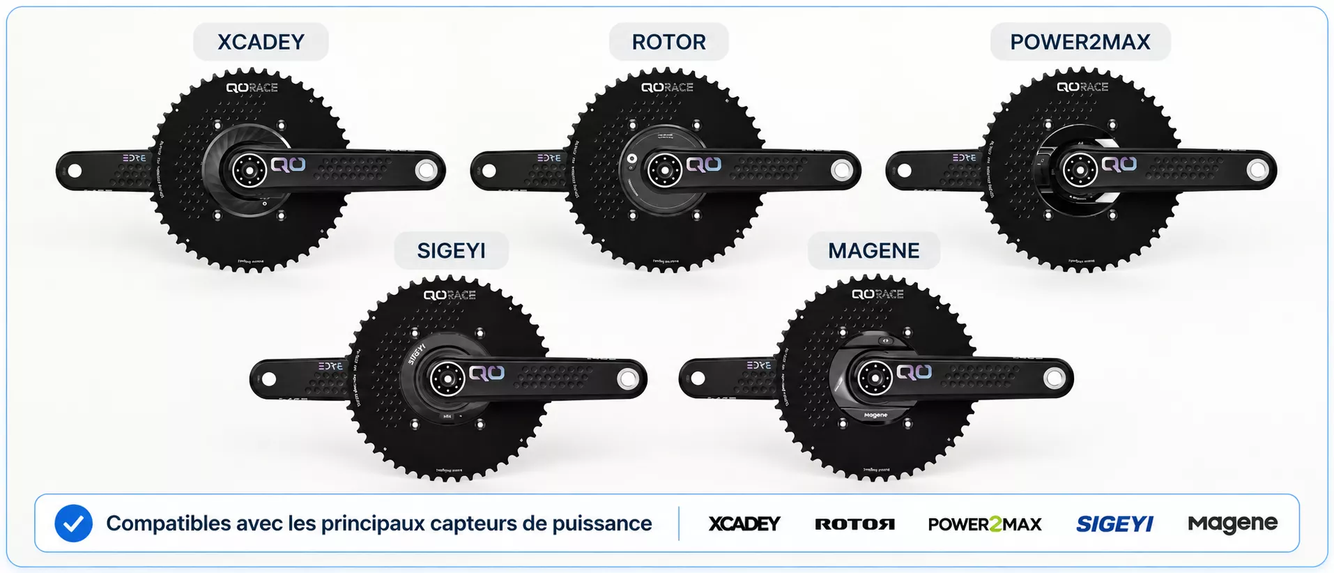 Compatibilité pédalier QO RACE avec capteurs de puissance XCADEY Rotor Power2Max Sigeyi et Magene